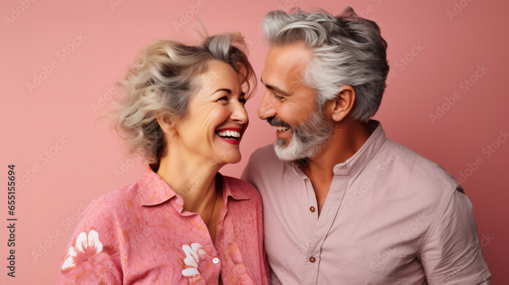 Beautiful gorgeous 50s mid age elderly senior model couple with grey hair laughing and smiling. Mature old man and woman close up portrait. Healthy face skin care beauty, skincare cosmetics, dental - obrazy, fototapety, plakaty 