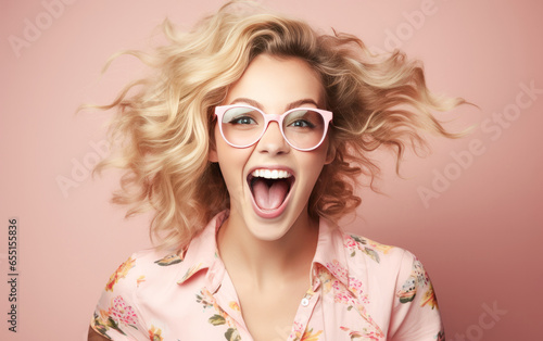 Portrait of fashion girl in solid color clothing, excited, opening mouth and laughing © hakule