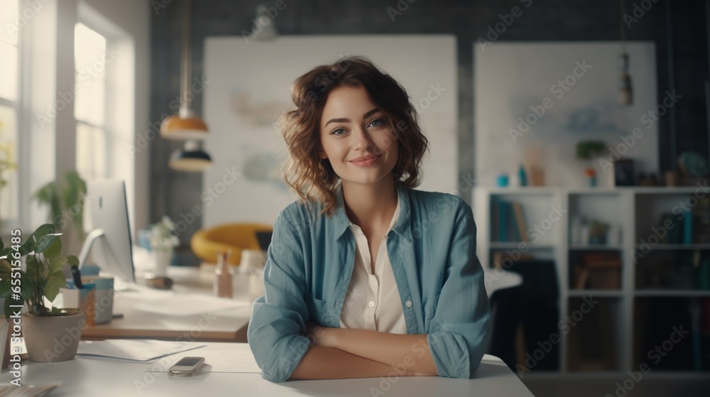 Confident professional woman at office desk, smiling, natural light
Confident professional woman at office desk, smiling, natural light