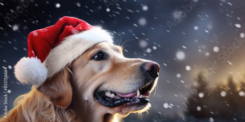 Cute golden retriever dog wearing red Santa Claus hat outside in the falling snow. Christmas and seasons greetings