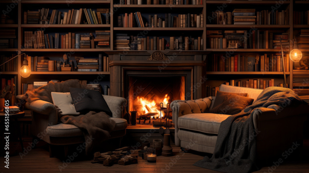 A cozy and dimly lit den with bookshelves lining the walls - obrazy, fototapety, plakaty 