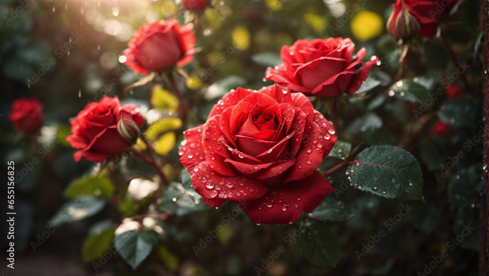 Macro foto di una rosa in un giardino di rose rosse con gocce d'acqua sui fiori e raggi di luce - obrazy, fototapety, plakaty 