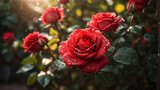 Macro foto di una rosa in un giardino di rose rosse con gocce d'acqua sui fiori e raggi di luce