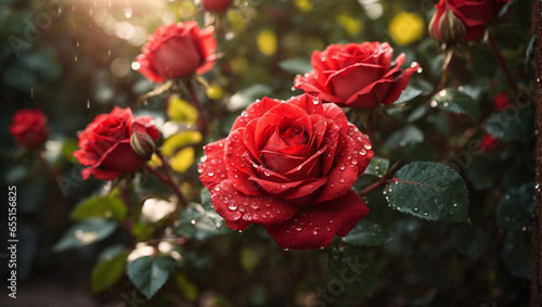 Macro foto di una rosa in un giardino di rose rosse con gocce d'acqua sui fiori e raggi di luce