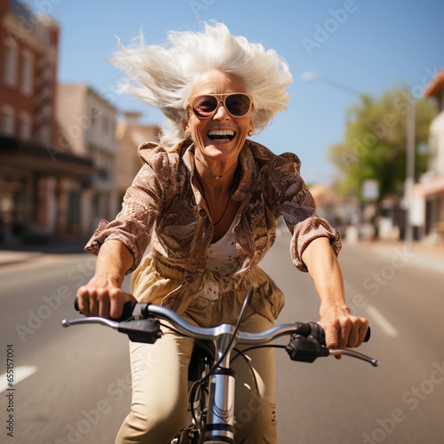 Smiling elder woman driving bicycle on the sunny street