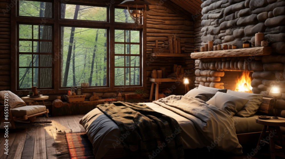 A cozy cabin bedroom with log walls, a stone fireplace, a handmade quilt, and a window seat with forest views A cozy cabin bedroom with log walls, a stone fireplace, a handmade quilt, and a window seat with forest views