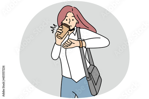 Young woman drink coffee from takeaway cup look at wristwatch worried to miss deadline. Girl student enjoy coffee check time on clock. Vector illustration.