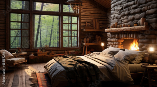 A cozy cabin bedroom with log walls, a stone fireplace, a handmade quilt, and a window seat with forest views