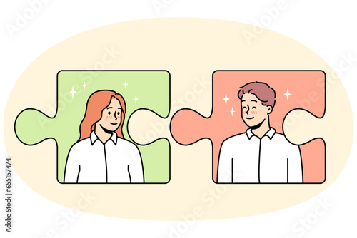 Jigsaw puzzles with man and woman connecting. Concept of couple connection and relationships. Love and affection. Vector illustration.