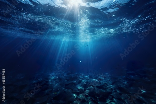 underwater scene with sun rays，Sunlight shines through the sea surface into the sea, and the sunlight is refracted into the sea from the perspective of the sea photo