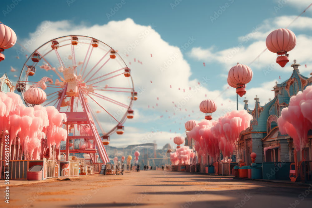 A carnival with a ferris wheel and cotton candy, evoking nostalgia for classic amusement parks. Generative Ai. - obrazy, fototapety, plakaty 