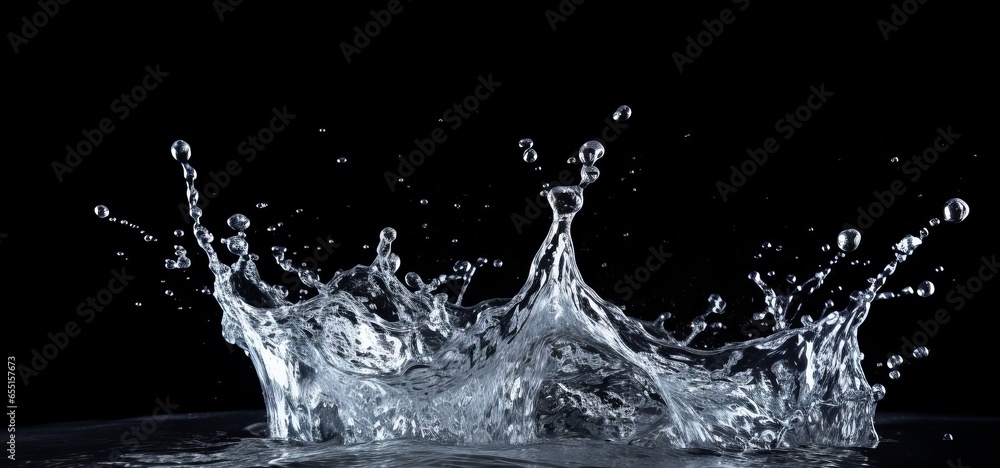 The texture of the water splash when ice is dropped on the surface of the water. black background, Generative AI The texture of the water splash when ice is dropped on the surface of the water. black background, Generative AI