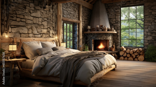 A cozy cabin bedroom with a log bed frame, plaid bedding, and a wood-burning stove