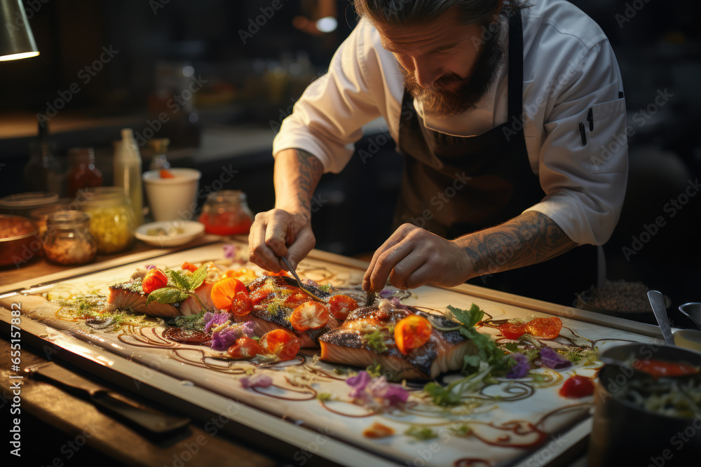 A chef preparing a gourmet dish with artistic plating, exemplifying the fusion of culinary arts and culture. Generative Ai.