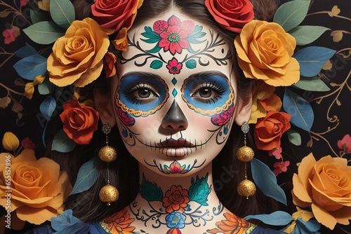 Dia de los muertos. Day of The Dead. Woman with sugar skull makeup on a floral background. Calavera Catrina. Halloween. photo