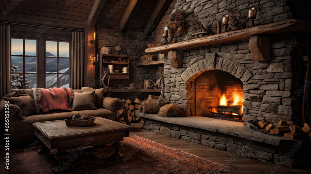 A cozy cabin living room with a stone fireplace, log walls, plaid upholstery, and a large bear-skin rug