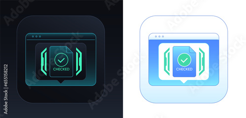 Checked document. Computer window frame with verified file notice. Digital data checkout, system file scan, approved document with check mark. Confirmed report file, verify data attachment. Vector