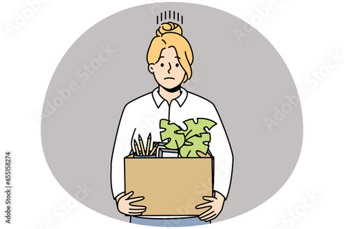 Unhappy female employee with box with personal belongings fired from work leave office. Stressed woman worker dismissed from job and workplace. Vector illustration.