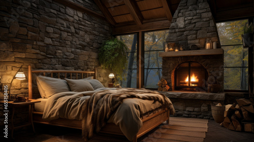 A cozy cabin bedroom with log walls, a stone fireplace, and a plush bear rug