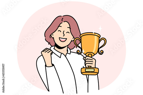 Overjoyed young woman with gold trophy in hands celebrate win or victory. Smiling businesswoman with golden prize excited with personal achievement or success. Vector illustration.
