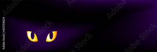 Abstract Black and purple background for Halloween. Monster with yellow glowing eyes in dark night. Purple Gradient blurred background. Frightening creature. Happy halloween vector illustration