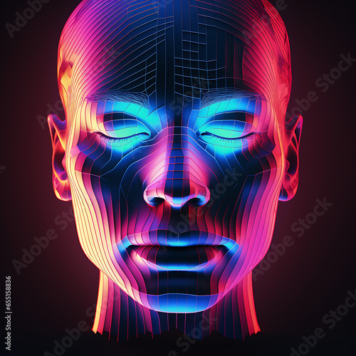 Male face consisting of neon lines, face id technology, future, face surface neon grid