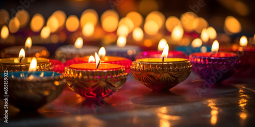  Diwali day festival Diwali lanterns background with candles and blurred lights  Hindu festival of lights celebration. AI Generative © kalsoom