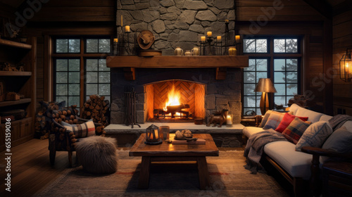 A cozy cabin living room with a stone fireplace, log walls, plaid upholstery, and a large bear-skin rug