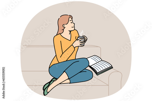 Dreamy young man sit on sofa reading book drinking coffee. Happy girl relax on couch in living room with warm beverage. Vector illustration.