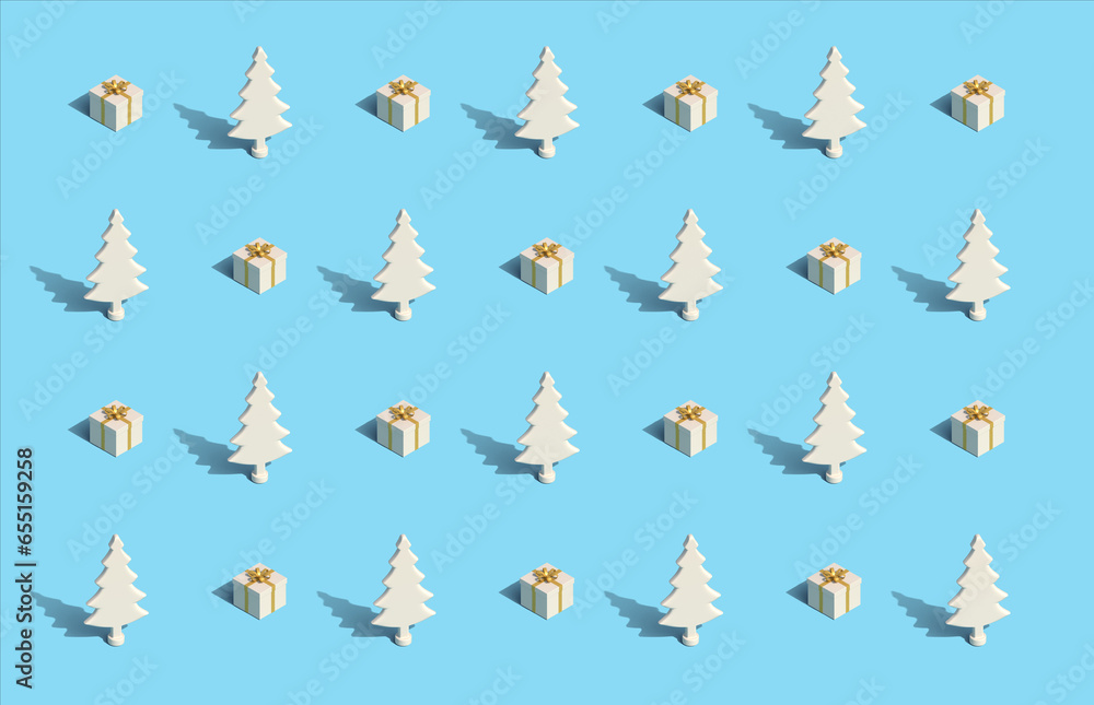 Minimal pattern on blue background. Christmas trees and gift box Minimal pattern on blue background. Christmas trees and gift box