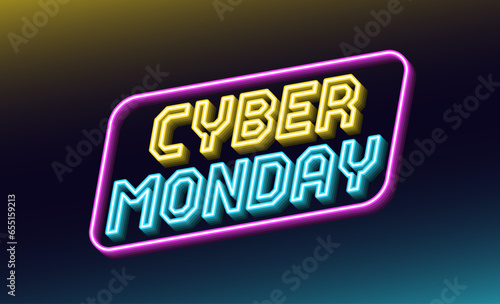 Neon design of Cyber Monday Sale banner. Outline neon italic text Cyber Monday with inclined frame. Yellow, blue and purple. Text template for digital ad and social media banners. Vector illustration