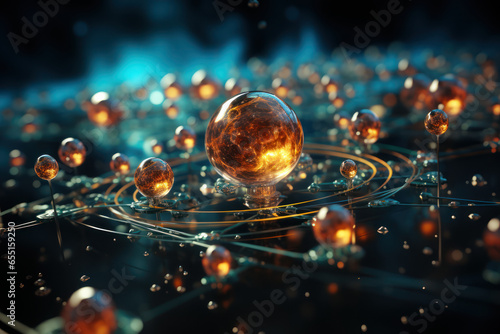 A depiction of electrons orbiting an atomic nucleus, illustrating the fundamental concept of quantum mechanics. Generative Ai. photo