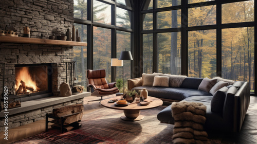 A cozy cabin living room with a stone fireplace, leather sofas, plaid throw blankets, and a wall of windows with forest views