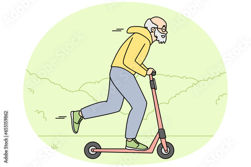 Happy energetic elderly man riding on scooter outdoors. Smiling active old grandparent have fun driving on motorscooter. Maturity. Vector illustration.