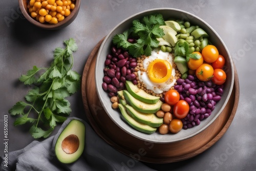Vegetable salad with chickpeas, carrots, avocado and peas in bowl on wooden background