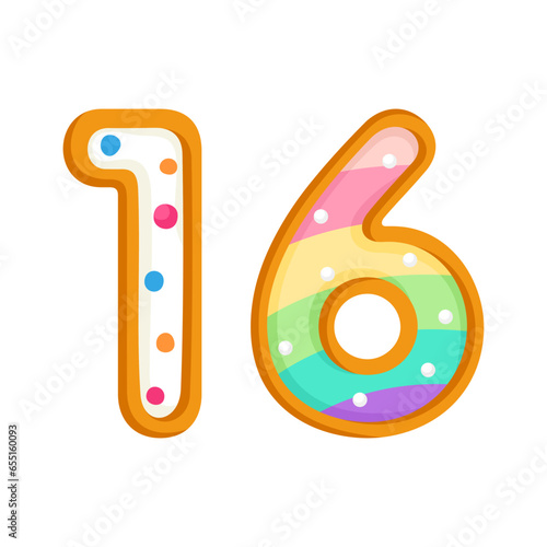 16 number sweet glazed doughnut vector illustration