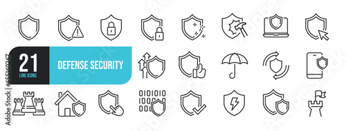 Set of line icons related to defense, security, secure, shield. Outline icons collection. Editable stroke. Vector illustration.