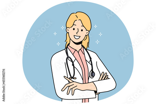 Smiling female doctor in white medical uniform feel positive and optimistic. Happy woman GP or therapist posing showing leadership qualities. Medicine. Vector illustration.