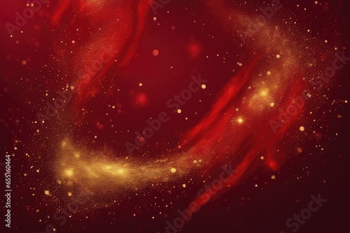 red liquid with tints of golden glitters red background with a scattering of gold sparkles magic