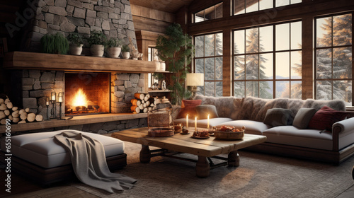 A cozy family room with a sectional sofa, a large area rug, and a stone fireplace © Textures & Patterns