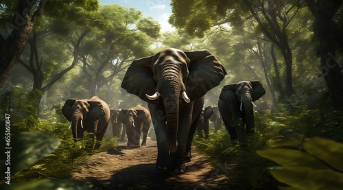 Elephants walking in the jungle. 3D render image.