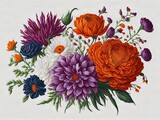 Un ramo vibrante de flores pintadas a mano, cada una única en su forma y color, sobre un fondo blanco limpio para un contraste impresionante.