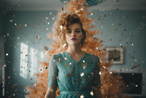 Beautiful portrait of a model woman in a dress, posing in a Christmas setting with a creative confetti explosion. Vintage teil retro home, with golden Christmas tree. Pastel fashion outfil and style © SM.Art