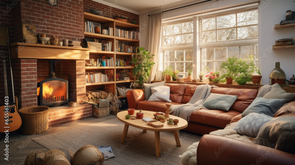 A cozy living room with a sectional sofa, a built-in window seat with storage, a brick fireplace with a wooden mantle, and shelves filled with board games
