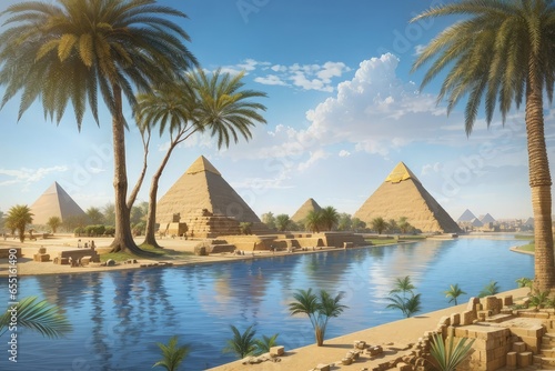 ancient civilized Egypt with the pyramid of Giza and nile flowing Nile riverfront around it photo