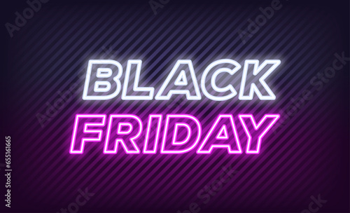 Neon Black Friday Sale, banner design. Outline neon italic text Black Friday on textured background. White purple text template for animation, digital ad, social media banners. Vector illustration