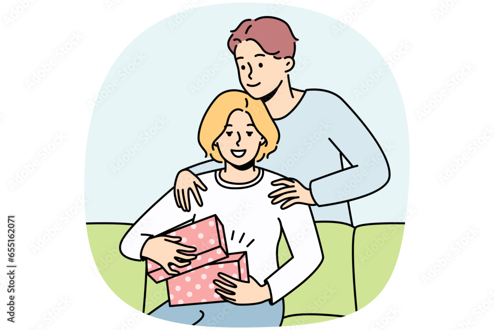 Loving young man make birthday present to excited woman at home. Caring male surprise congratulate happy female with anniversary. Vector illustration.