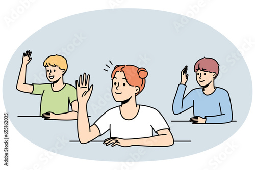 Smiling kids sit at desks at school raise hands asking or answering questions. Happy children engaged in activity in classroom. Vector illustration.