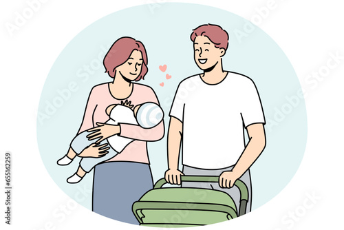 Happy young family with baby walking with stroller outdoors. Smiling parents with child in hands enjoying walk outside. Vector illustration.