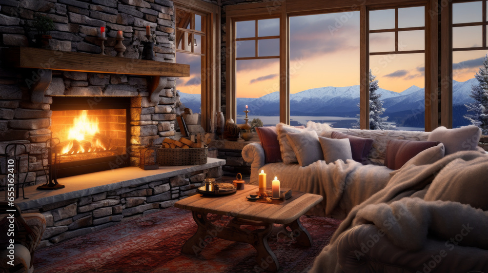 A cozy winter cabin living room with a stone fireplace, plaid blankets, and snow-covered mountain views